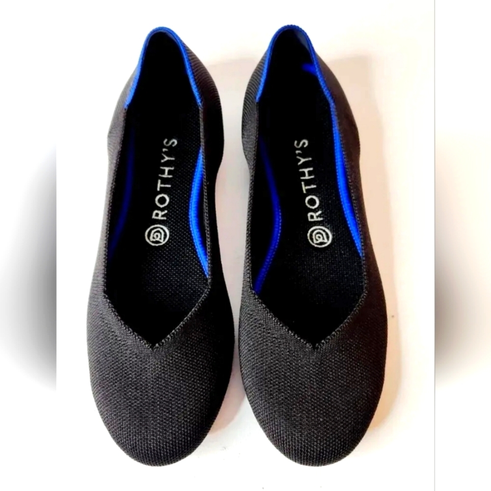 Rothy’s Womens “The Flat” Round Toe Black With Electric Blue Halo Shoes! 9.5